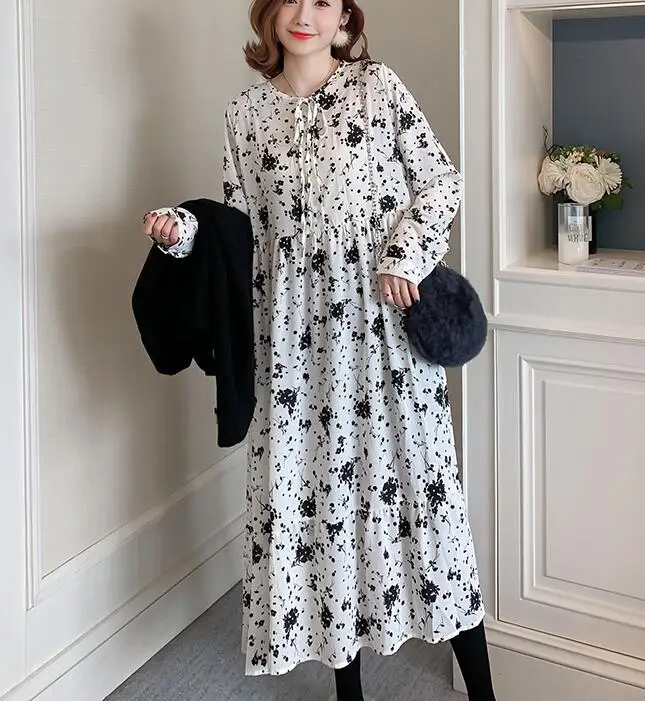 White Весеннее Длинное свободное шифоновое платье для беременных, модное платье с длинным рукавом и кружевным воротником, платье макси для беременных женщин - Цвет: White