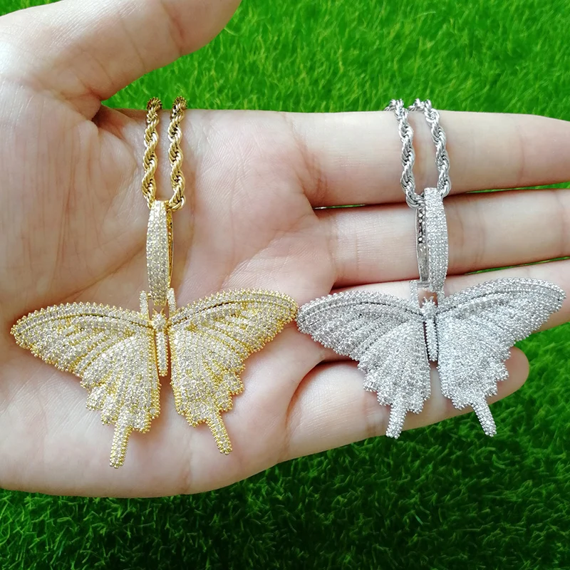 Микро проложили AAA+ кубический цирконий Bling Iced Out Бабочка Подвески ожерелье для женщин мужчин хип хоп рэппер ювелирные изделия розовое золото серебро
