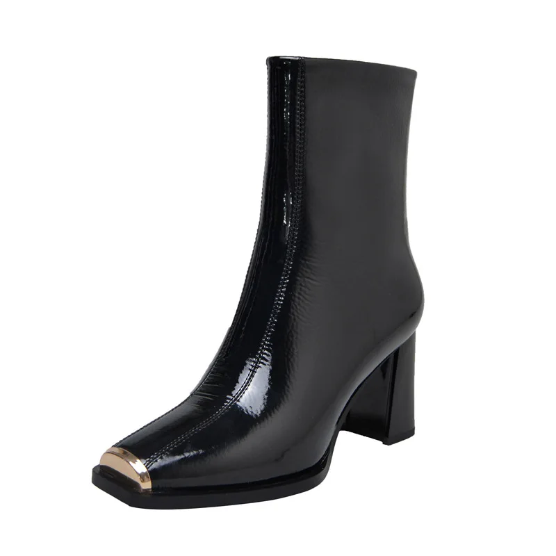 

2019 New Genuine Leather Women's Boots Square Head Thick Heel Leather Boots Metal Platform Short Boots Women