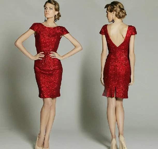 Красный Дешевые vestido de festa curto новые модные сексуальные красные Короткие Коктейльные Вечерние платья с открытой спиной и блестками - Цвет: Красный