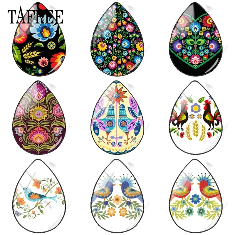 

TAFREE Polish Folk Art Patterns Classical Flower Print 18x25mm Drop Shape Glass Cabochon Flat Back Making Findings