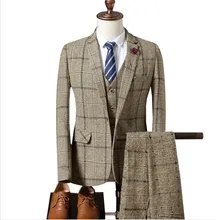 2021 autumn and winter men's suit three-piece suit fashion men's plaid suit business suit male groom suit