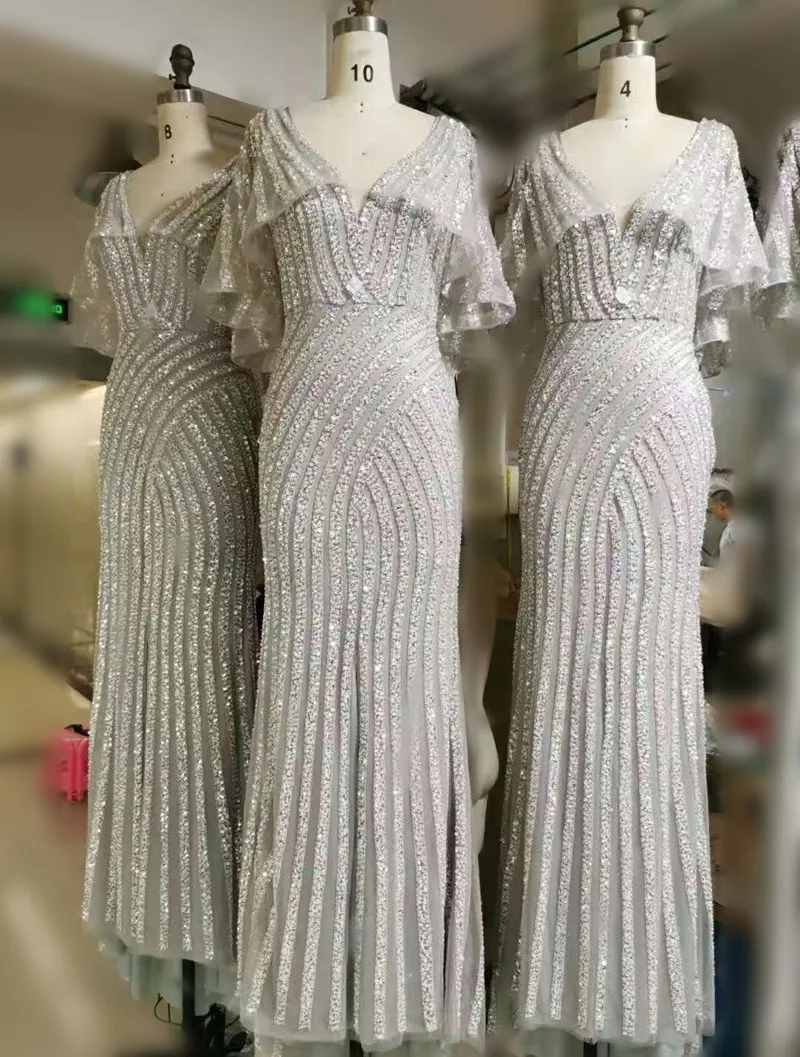 Evening Dresses Sequins Sexy Sweetheart Short Sleeve Floor Length For Women Handmake Beading Arabic Formal Prom Party Gowns - Цвет: Серый