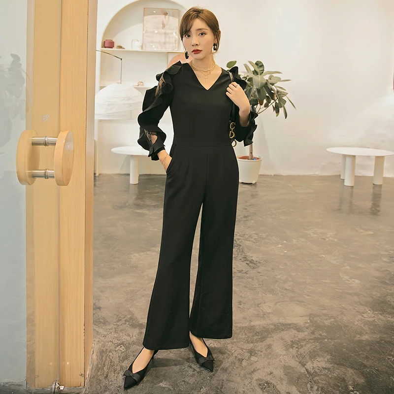 YIGELILA New Arrivals Black Jumpsuits V neck Long Sleeves With Lace Jumpsuits Solid Office Lady
