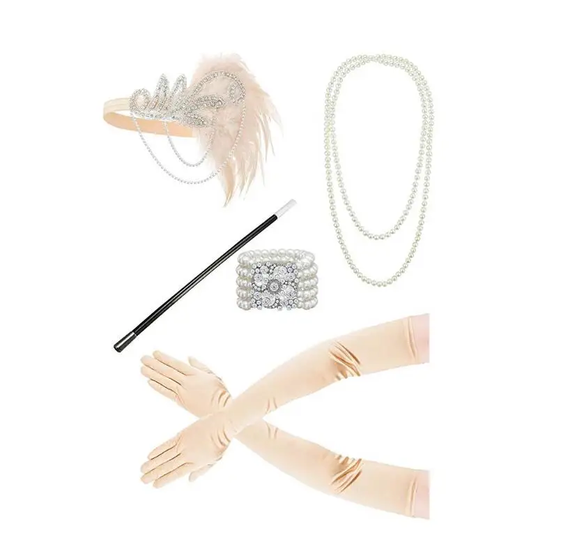 1920's Cosplay Flapper Halloween Charleston Costume 1920s Gatsby Accessories Pink Nude Headpiece Great Gatsby Feather Headband costume headband 1920s gangster accessories