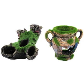 

2Pcs Aquarium Fish Tank Decoration Resin for Fish Shrimp Tank Landscape, 1Pcs Vase with Moss & 1Pcs Moss Tree House Cave