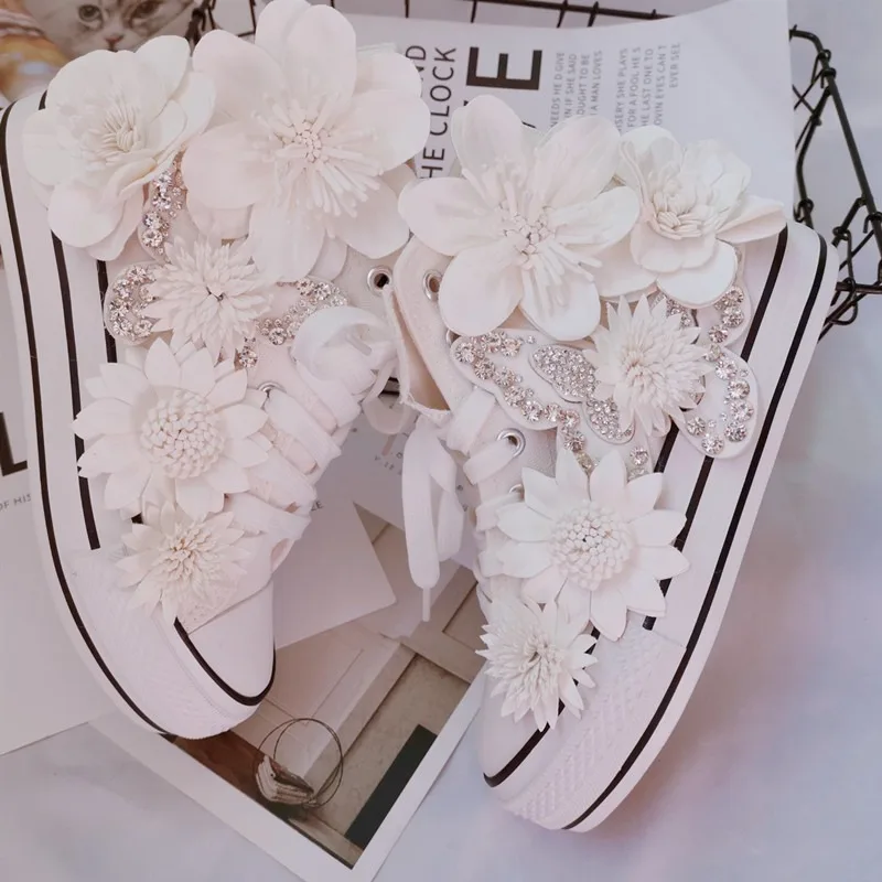 Original Butterfly Flower High-top Canvas Shoes Sweet Lace-up Women's Shoes White Inner Height-increasing Vulcanized Shoes
