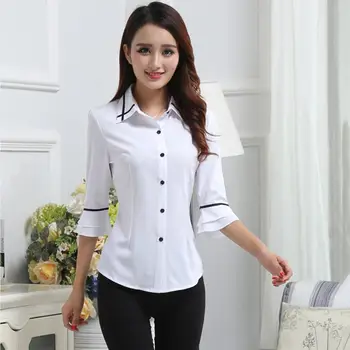 

2020 Office Ladies Shirts Summer Blouse Short Flare Sleeve Turn Down Collar Tops Women Shirt White Slim Blousse Blusa Feminina