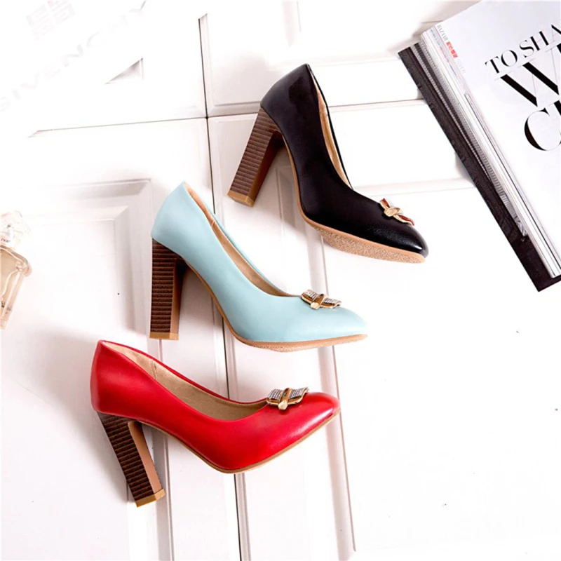 Kolnoo Handmade Womens Chunky Heels Pumps Slip-On Round-Toe Metal&Rhinstones Sexy 3-Color Evening Party Prom Fashion Court Shoes