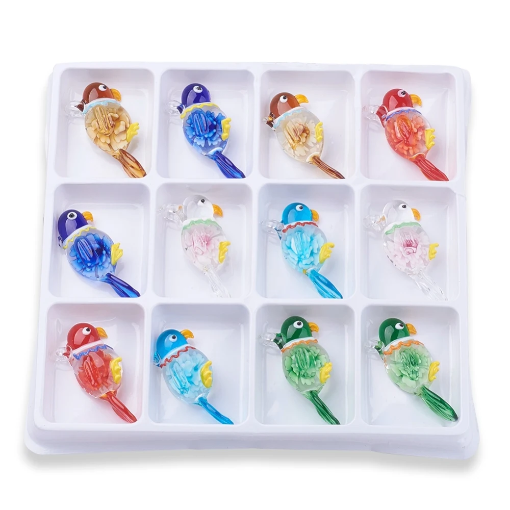 12pcs/box Parrot Handmade Lampwork Glass Pendants Inner Flower Mixed Color Gold Sand Heart Pendant for Necklace Jewelry Making