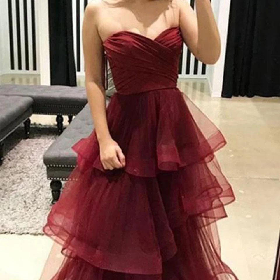 

Real Rill Strapless Prom Dresses V-Neck Tiered Floor Length A-line Tulle Formal Evening Dress Party Gown Vestido De Festa