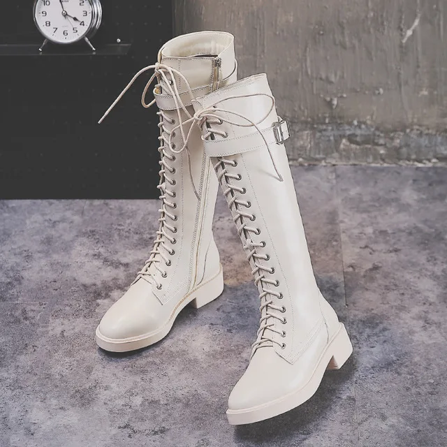 

New European and American lace zipper boots with flat bottom but knee Knight boots in autumn and winter of 2019