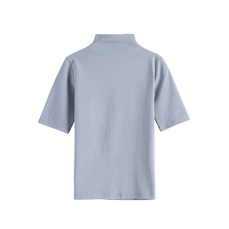 Gray-blue Новинка, женская футболка, весна-осень, хлопок, уличная, облегающая, женская, средний рукав, тонкая, высокая горловина, джемпер, женская футболка - Цвет: Gray-blue