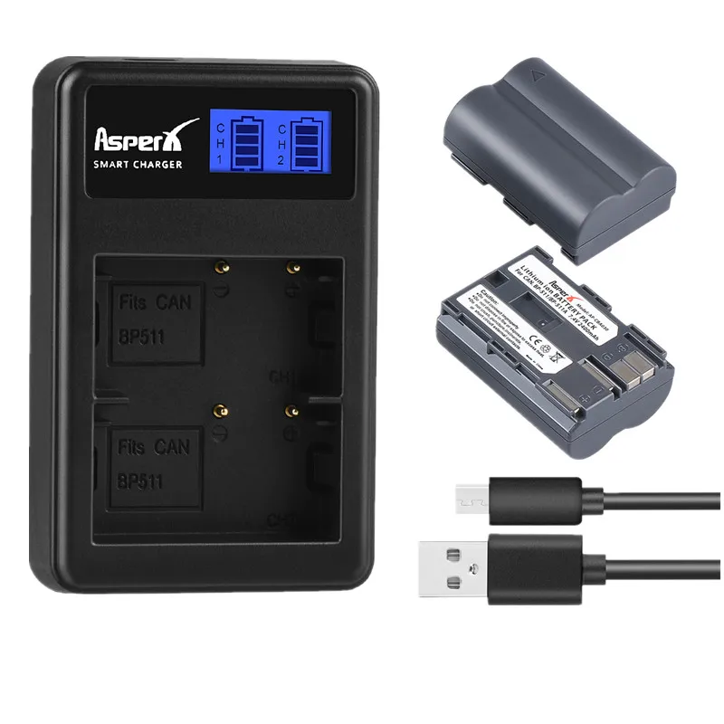 2Pc 2400Mah Bp-511 Bp 511 511A Bp511 Bp511A Batterie + Caricabatterie Usb Lcd Per Fotocamere Canon Eos 40D 300D 5D 20D 30D 50D