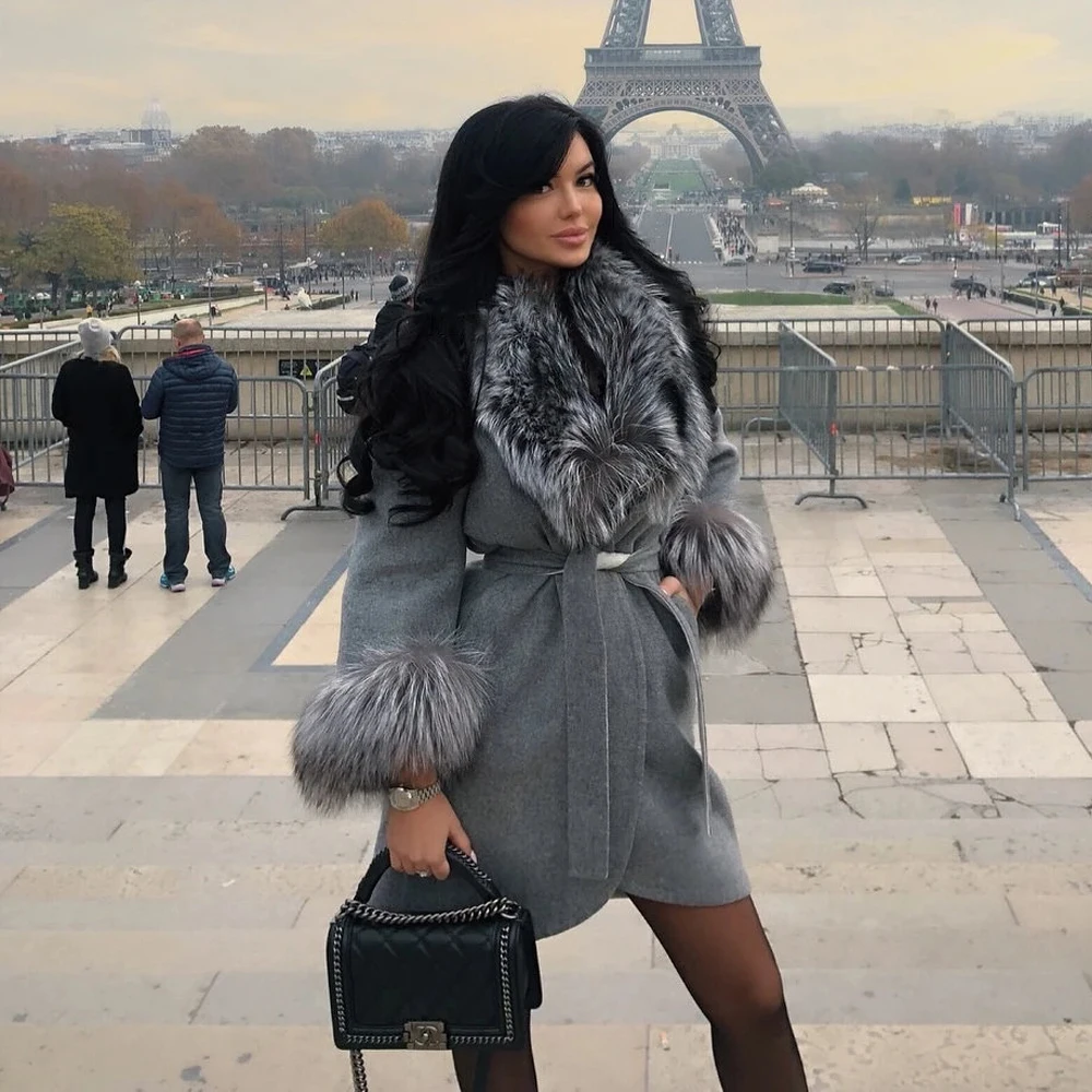 Light Grey Long Fox Fur Natural Wool Blends Coats Outwear High Quality Genuine Cashmere Coat with Silver Fox Fur Lapel Collar