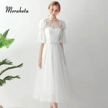 

A-line Tea Length Brial Gowns With Removable Lace Jacket 2020 Sweetheart Spaghetti Straps Simple Light Style Wedding Dresses