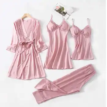 

2020 Summer Autumn Spring 4 Pieces Set Silk Elegant Women Pajamas Set Shorts Sleeve Top Elastic Waist Lounge Sleepwear Set
