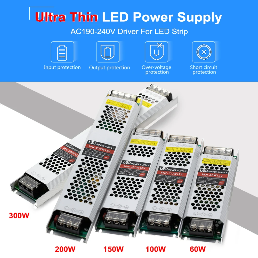 Ультра тонкий светодиодный Питание DC 12V LED трансформаторы 60W 100W 150W 200W 300W 400W AC190-240V драйвер для Светодиодный полоски