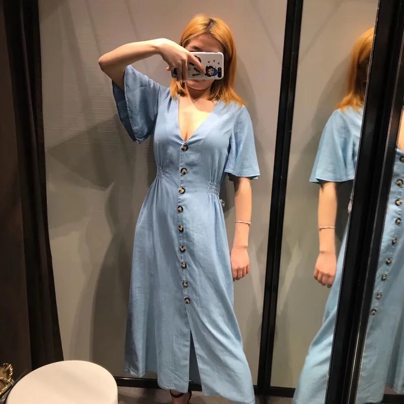 Zara woman 2020 Spring and summer new women button dress with V-neck zara women dresses for women summer dress 2020 two color Zara woman 2020 Spring and summer new women button dress with V-neck zara women dresses for women summer dress 2020 two color