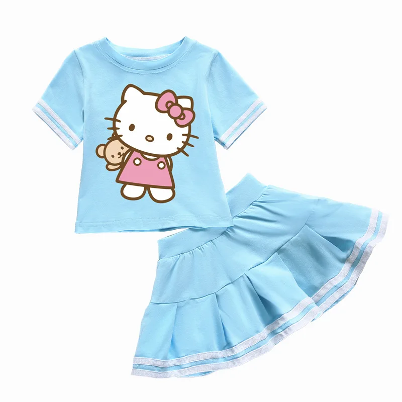 thumbnail image 1 of Hello Kitty-traje de dos piezas de algodón con dibujos animados para niñas, camiseta de manga corta con cuello redondo y Falda plisada, traje bonito y dulce, 1 of 5