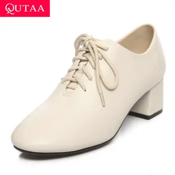 

QUTAA 2020 Spring Autumn Round Toe Casual Ladies Pumps PU Leather Fashion Square Heel Concise Women Single Shoes Big Size 34-43