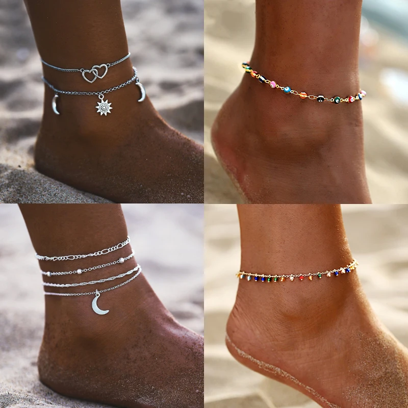 17 millas multicapa Vintage corazón infinito mapa pulseras para las mujeres 2020 Luna estrella pulsera de tobillo en la pierna de verano joyería para pie de playa