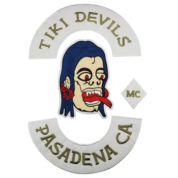 

Tiki Devils Mc Embroidery Patches Iron on Hot Cut Border Appliqued Motorcycle Biker Jacket Vest Accessories for DIY Clothes