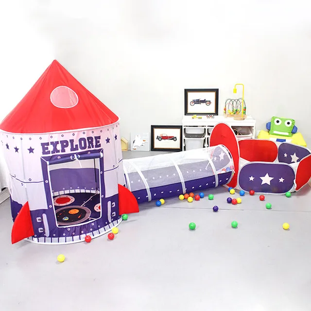 Children's Tent Toy Indoor Play House Folding Tent Spaceship Tunnel Three-piece Set Yurt Castle Toy Gift for Boys and Girls Baby 1