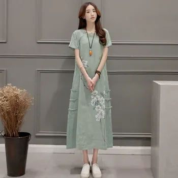 

2020 Women Vintage Flax Costume Split Dress Fairy Skirt Fresh and Elegant Hanfu Clothing Chinese Style