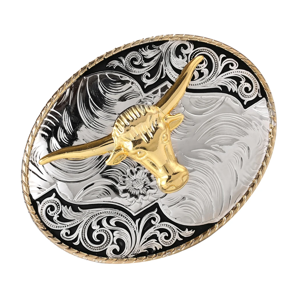 Fashion Western Belt Buckles Engraved Gold Horn Bull OX Head Rodeo Cowboy