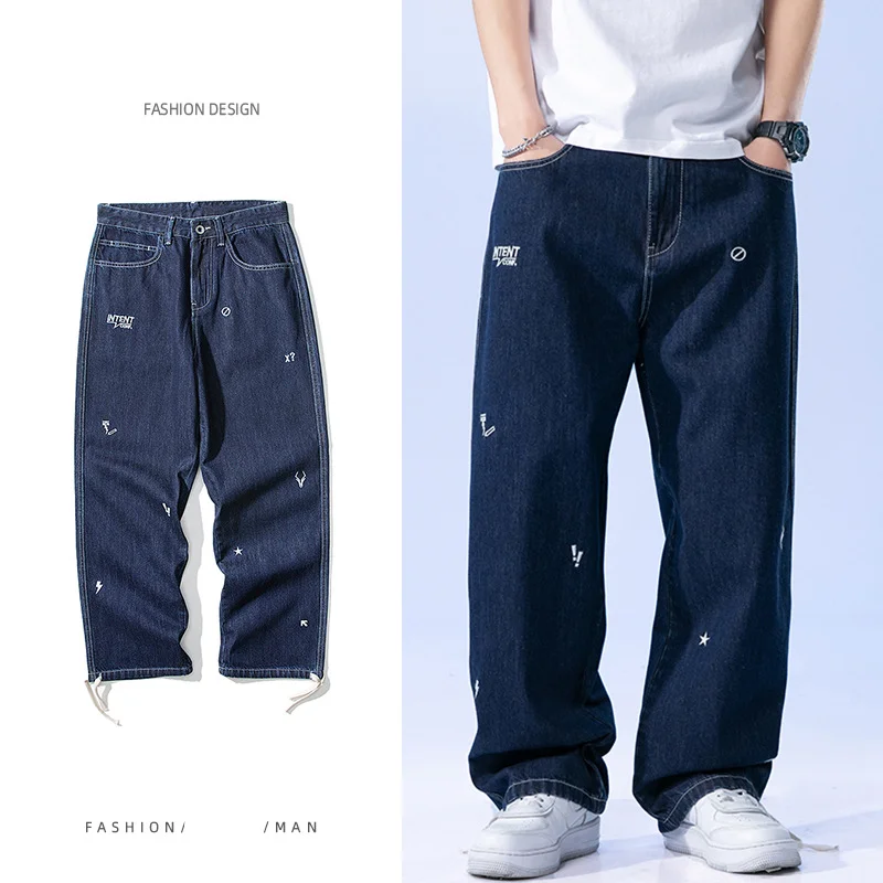 Man Loose Jeans Embroidered Straight  Pants Korean Streetwear Wide Leg Pants Men's Blue Hip Hop Harajuku Fashion Casual Trousers 1