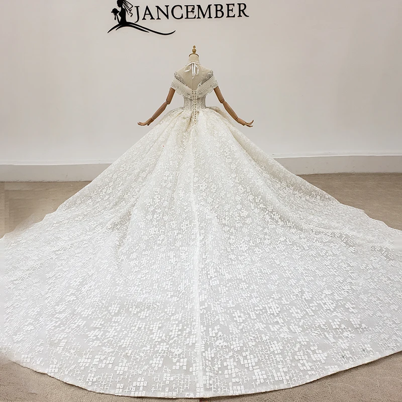 HTL1934 Luxurious Elegant High Neck Crystal Beading Wedding Dress 2020 Sequined Ball Gowns Short Sleeve 2