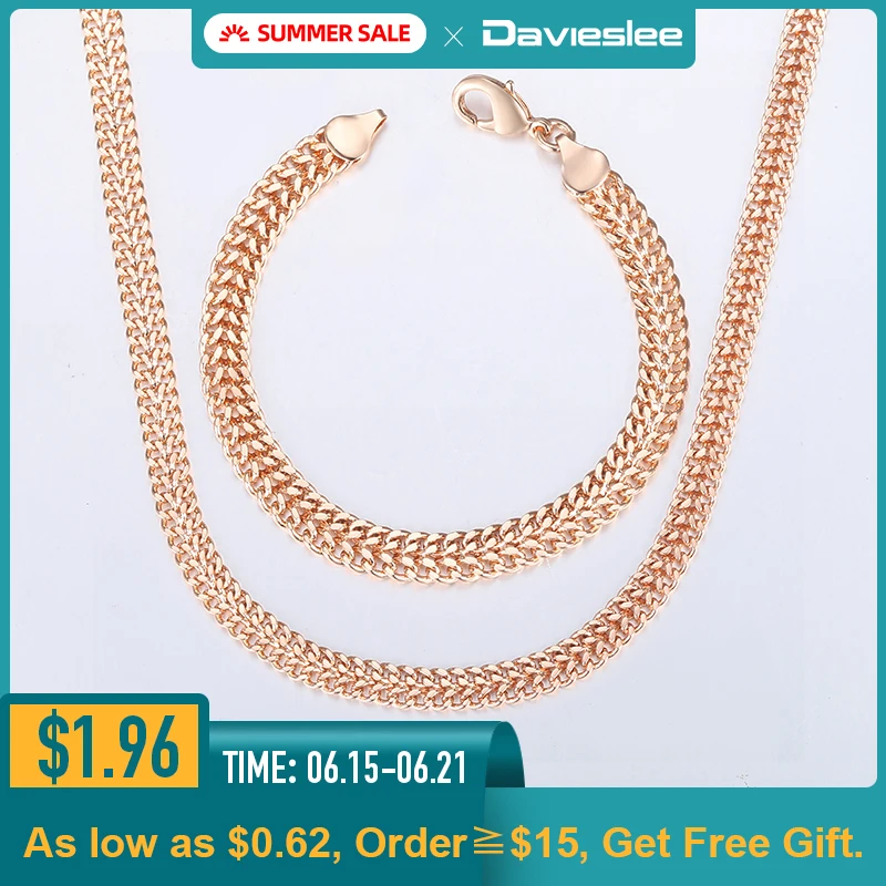 Davieslee Jewelry Sets For Women Men 585 Rose Gold Bracelet Necklace Set Double Cuban Weaving Bismark Chain Jewelry 2019 LCS04