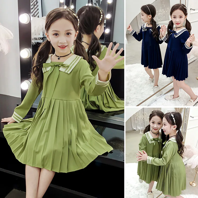 

Girls Dresses 2019 New Autumn Girls Clothing Sweet Navy collar Preppy Pleated Waist Long-Sleeved Chiffon Long Cute Dress