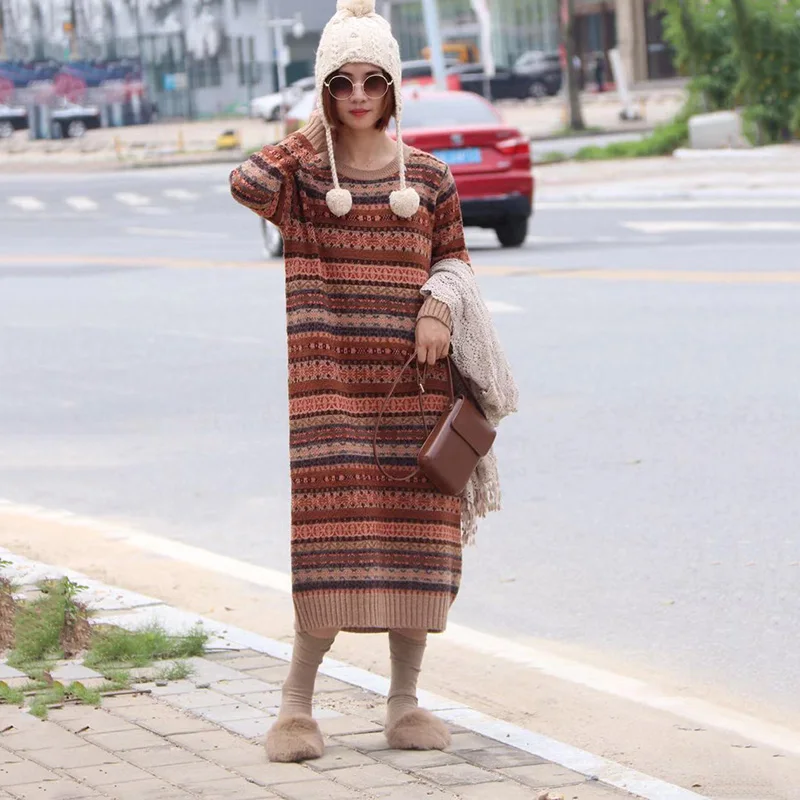 Warm Sweater Women Autumn Dress Winter Long Sweater Knitted Dresses Long loose Maxi Oversize Lady Dresses Robe Vestidos
