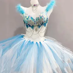 Синий бюстгальтер со стразами с блестками, сетчатая юбка-пачка, сексуальный женский комплект, бар клуб рейв вечерние танцевальные костюмы