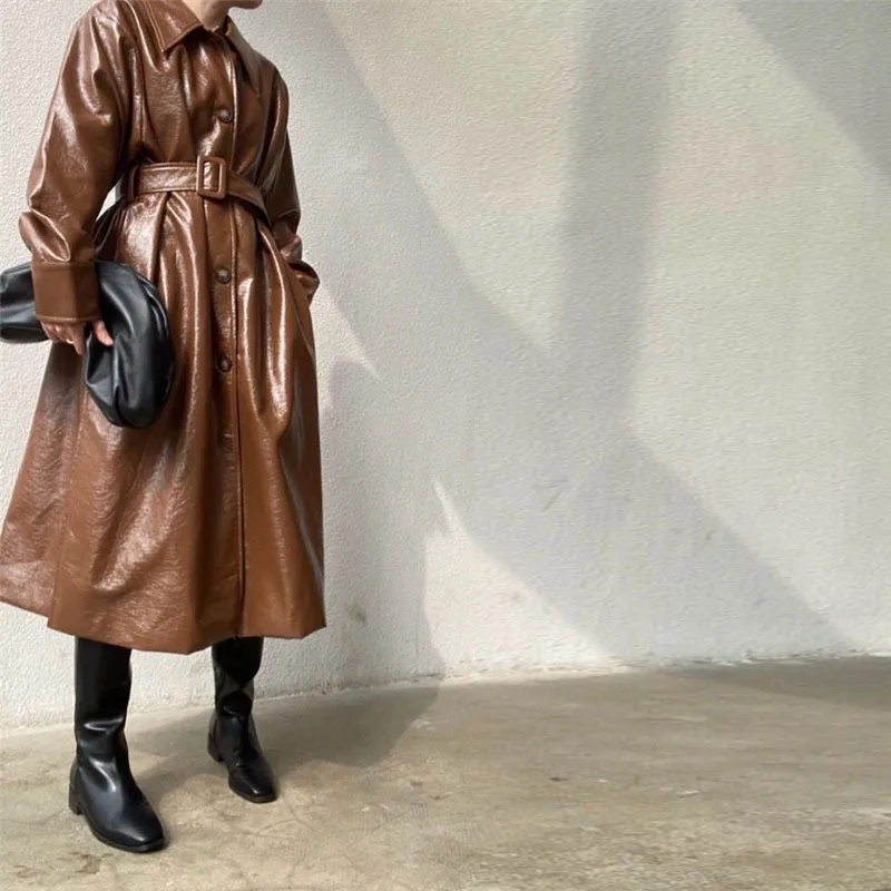 Высокое качество Новая женская кожаная куртка отложной воротник однобортный PU с поясом женский тонкий мотоциклетный панк кожаный пиджак