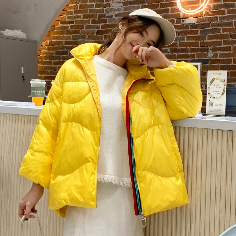 SINGRAIN, зимний женский корейский пуховик со стоячим воротником, верхняя одежда на белом утином пуху, очень большой светильник, уличная одежда, свободный пуховик - Цвет: yellow