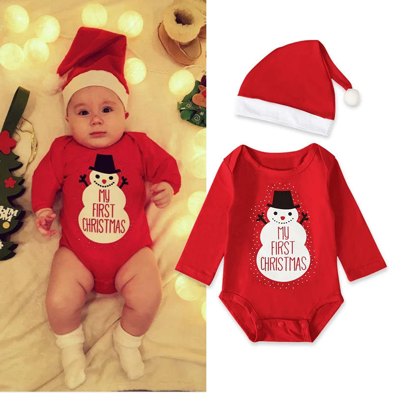 

O-Neck Bodysuit Baby Sets My First Christmas 2Pcs Christmas Toddler Baby Cartoon Snowman Letter Printed Bodysuit+Hat Set Outfits