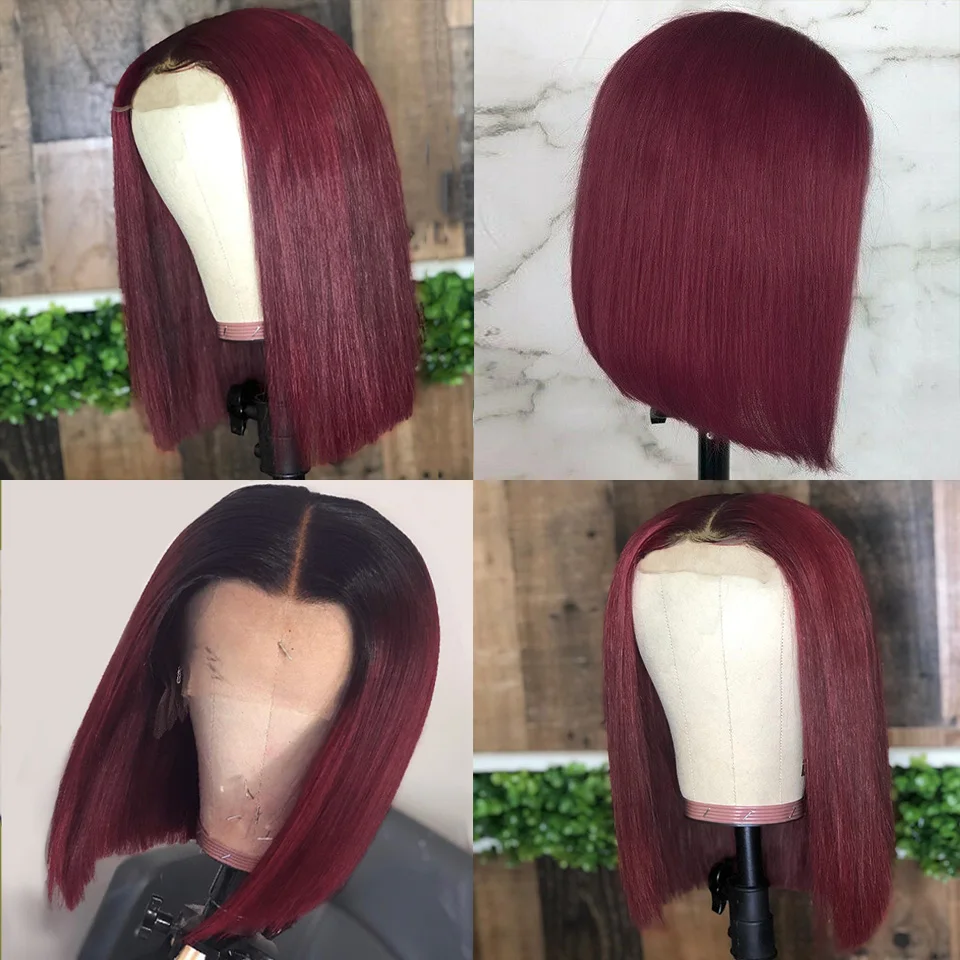13x4 Straight Burgundy Bob Lace Front Wigs 99J Lace Front Human Hair Wigs Brazilian Pre plucked 150% Density  Jazz Star Non-Remy
