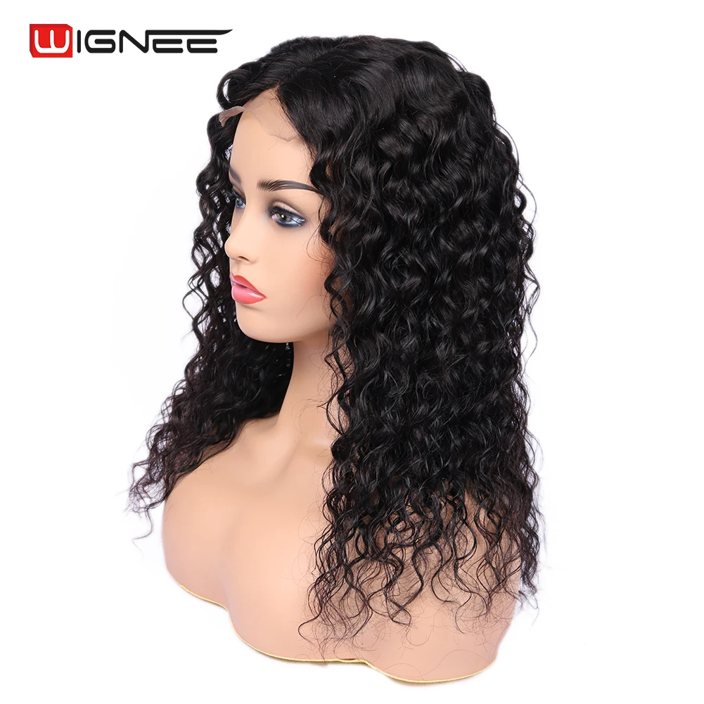 Fechamento do Laço Profundas do Cabelo Humano da Peruca para as Mulheres Wignee Perucas Encaracoladas Negras Onda Profunda 4x4 Glueless Peruca Prelucked Hairline 4 Cheap Apliques com cabelo humano