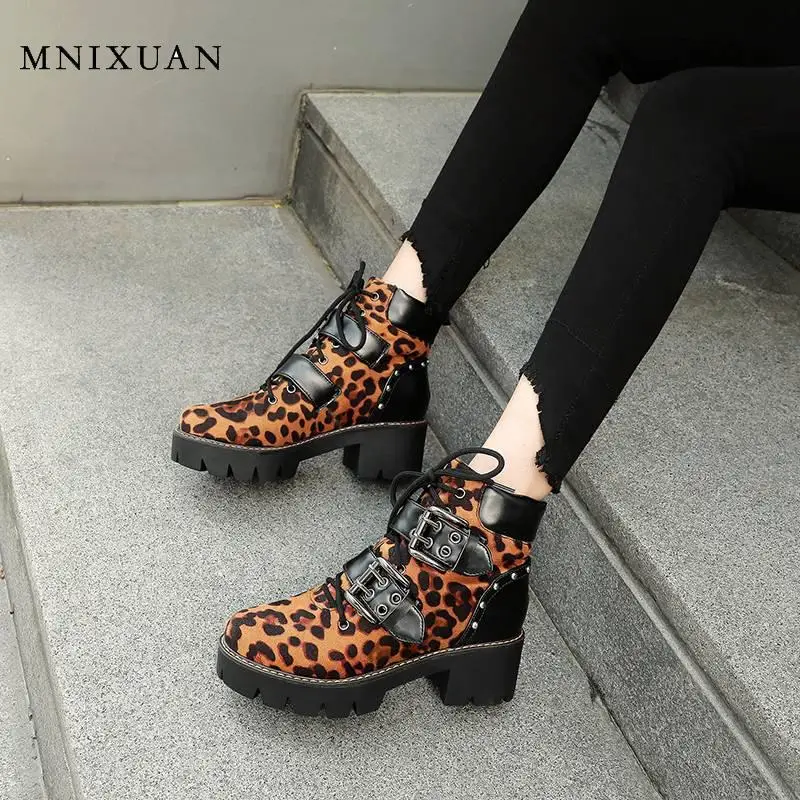 

MNIXUAN Womens Leopard Print Shoes Platform Boots Gothic ankle boots 2019 winter new round toe lace up high heels Black Booties