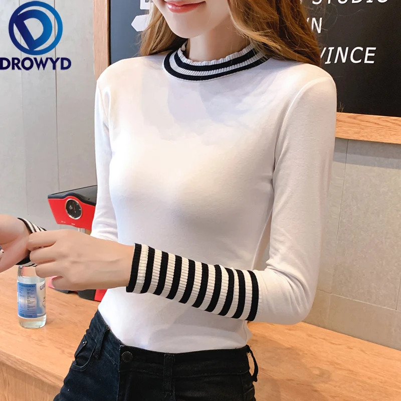 

Autumn O-neck T-shirt Women's Harajuku Fashion Multicolor Slim Long-sleeved Striped Cotton T-shirt Cute Sexy Street Party Shirt