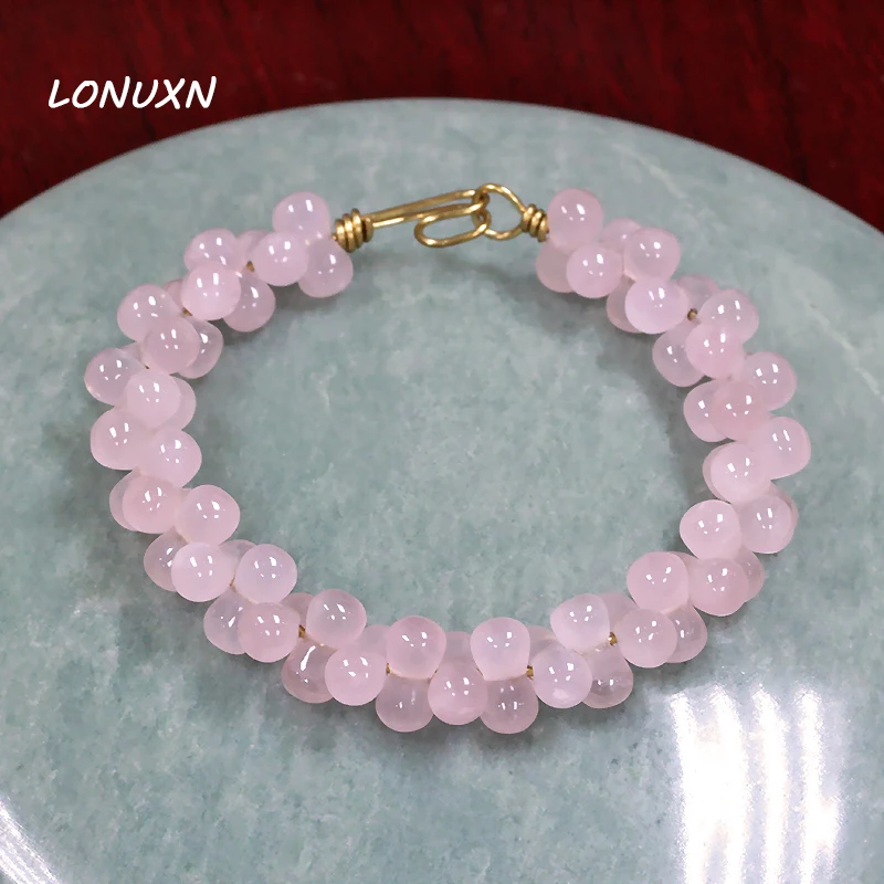 

High Quality Natural Stone Pink Crystal Ross Quartz Women Jewelry Bangle Gold-color Gemstone Handmade Jewelry Party Gift 11*5mm