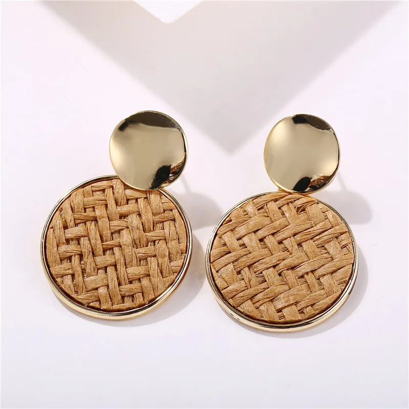 

Boho Wooden Drop Earrings For Women Geometric Vintage Rattan Knit Round Heart Gold Pendant Dangle Earring Female Jewelry Brincos