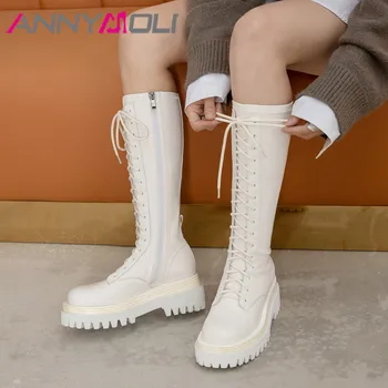 

ANNYMOLI Women Shoes Real Leather Platform High Heel Knee High Boots Thick Heels Cross Tied Zip Ladies Long Boots Autumn Beige