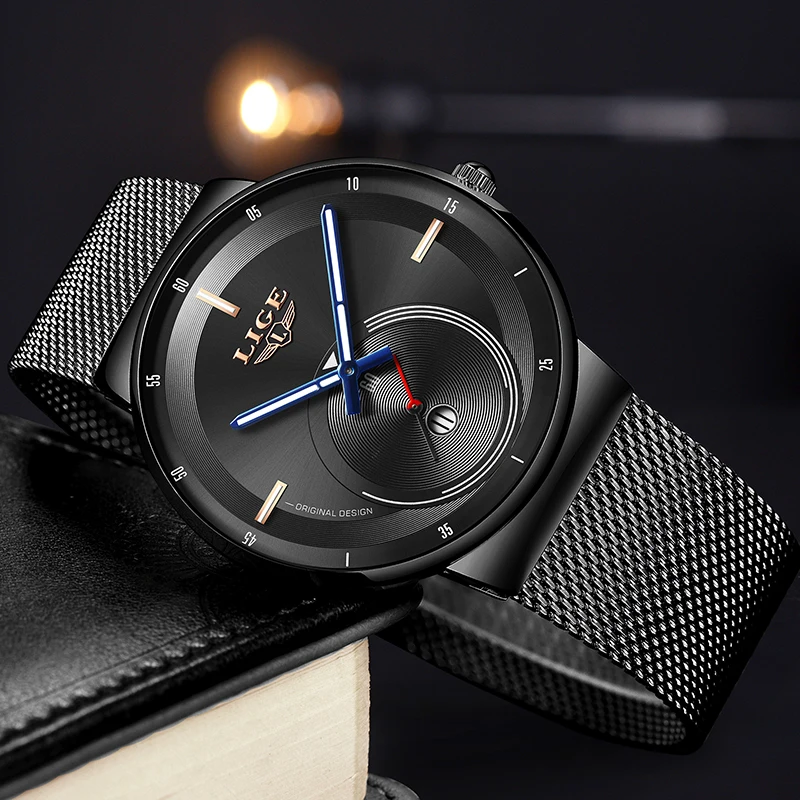 LIGE, новинка, роскошные Брендовые мужские деловые часы, водонепроницаемые кварцевые аналоговые наручные часы с сетчатым ремешком, мужские часы, мужские часы+ коробка