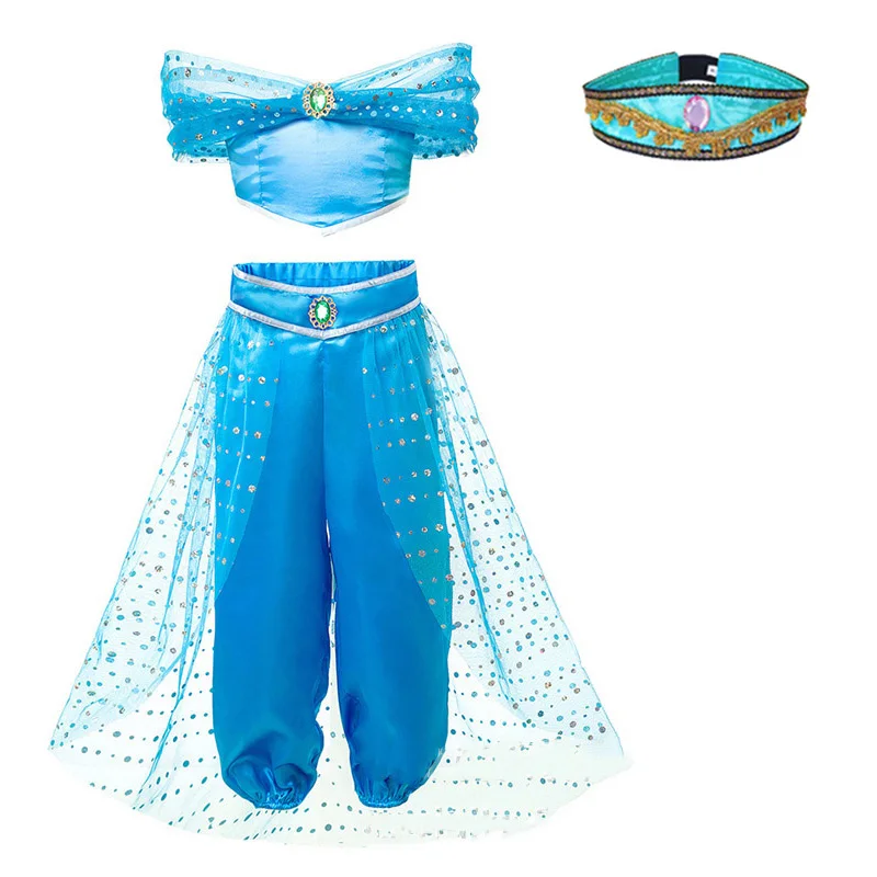 Детское модное платье для девочек; детский маскарадный костюм принцессы жасмин в лампе Аладдина; Детский костюм на день рождения, Хэллоуин - Цвет: Clothes-Head Wear