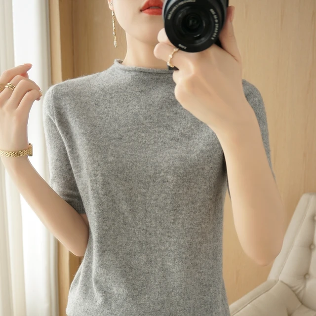 New women's cashmere sweater short sleeve Pullover short sleeve summer wool T-shirt short sleeve grey