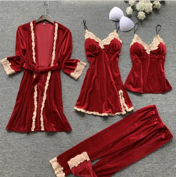 

4PCS Pajamas Suit Velvet Women Nightwear Velour Casual Home Clothing Lace Sexy Homewear Sleep Set Pijamas Sleepwear Homegown